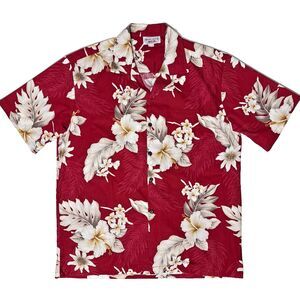 Pacific Legend Hawaiian Aloha Shirt Made in Hawaii Red Hibiscus Floral Men Sz. L